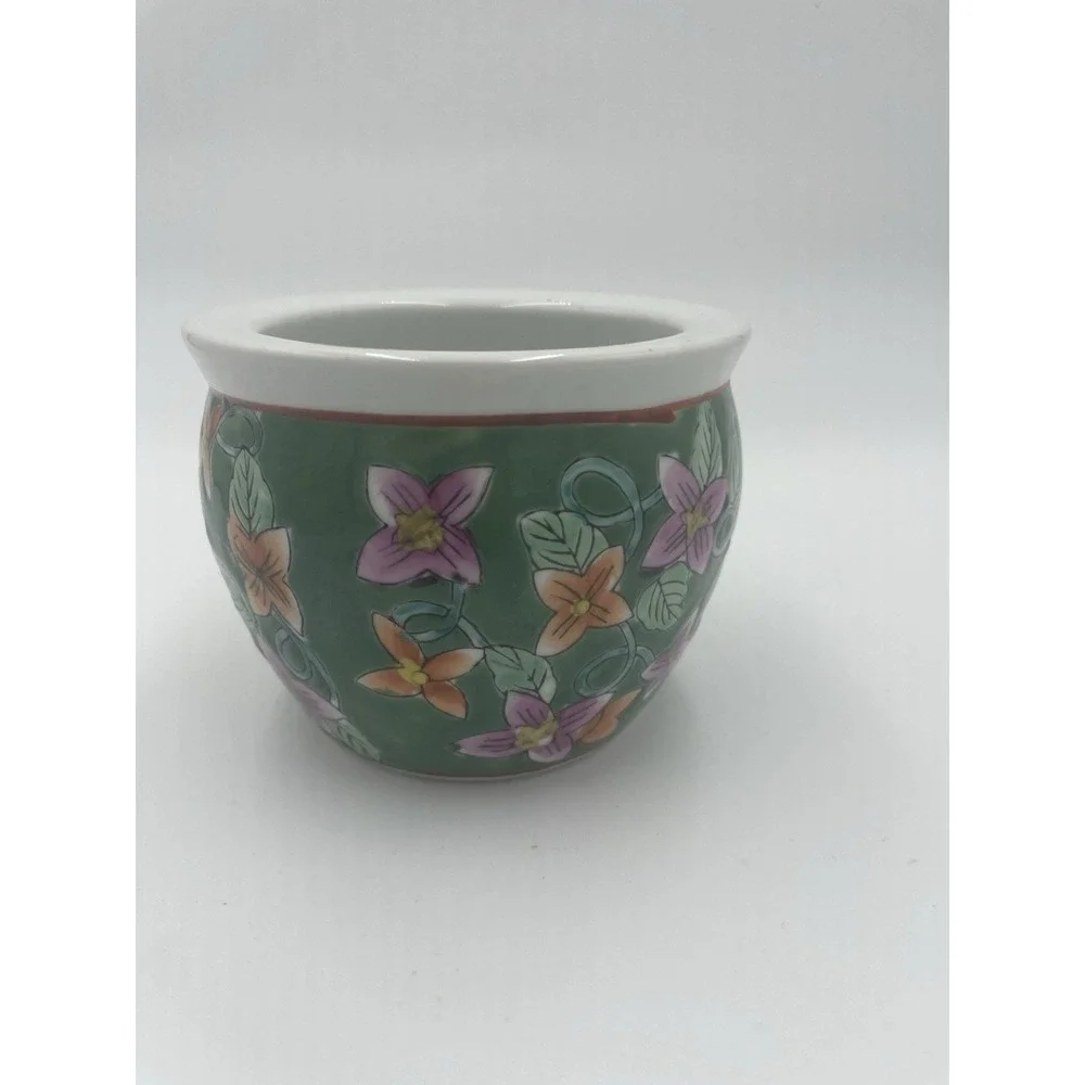 Vintage Small Chinese Jardiniere Planter Pot Floral Hand‎ Painted 3.5
